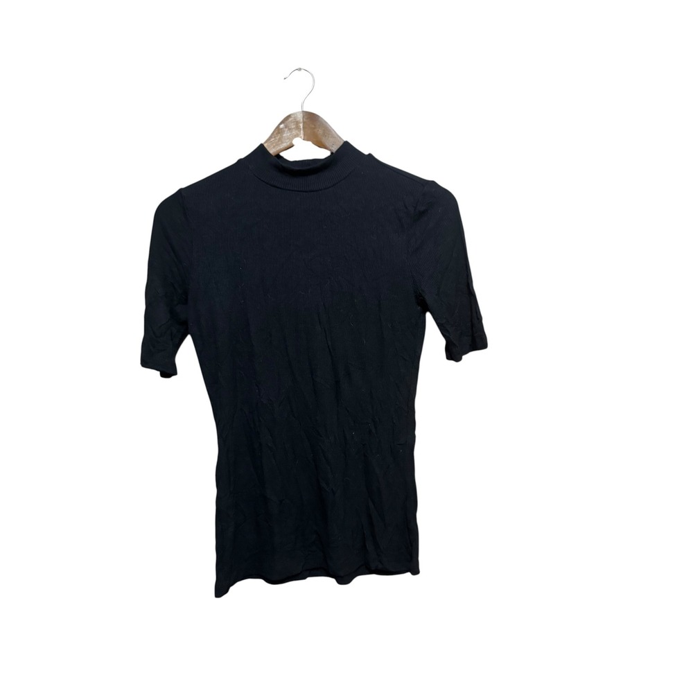 Forever 21 Mock Neck Top Women Size M Black Excellent Ribbed Elbow Sleeve